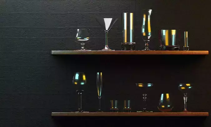 Goblet wine glasses on shelf