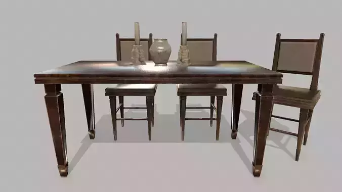 Table Set wooden chair Low-poly 3D model