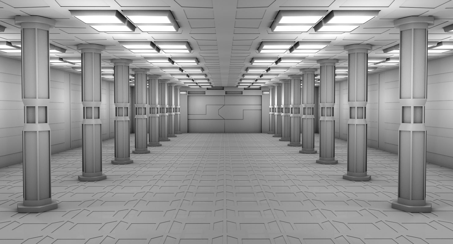 Warehouse hallway with columns and lights 3D model_3