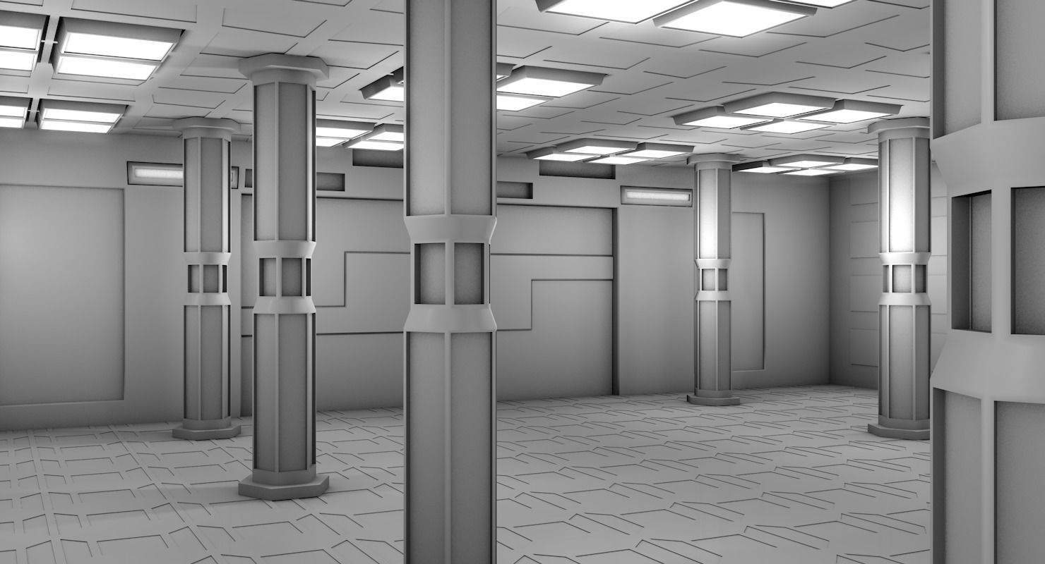 Warehouse hallway with columns and lights 3D model_4
