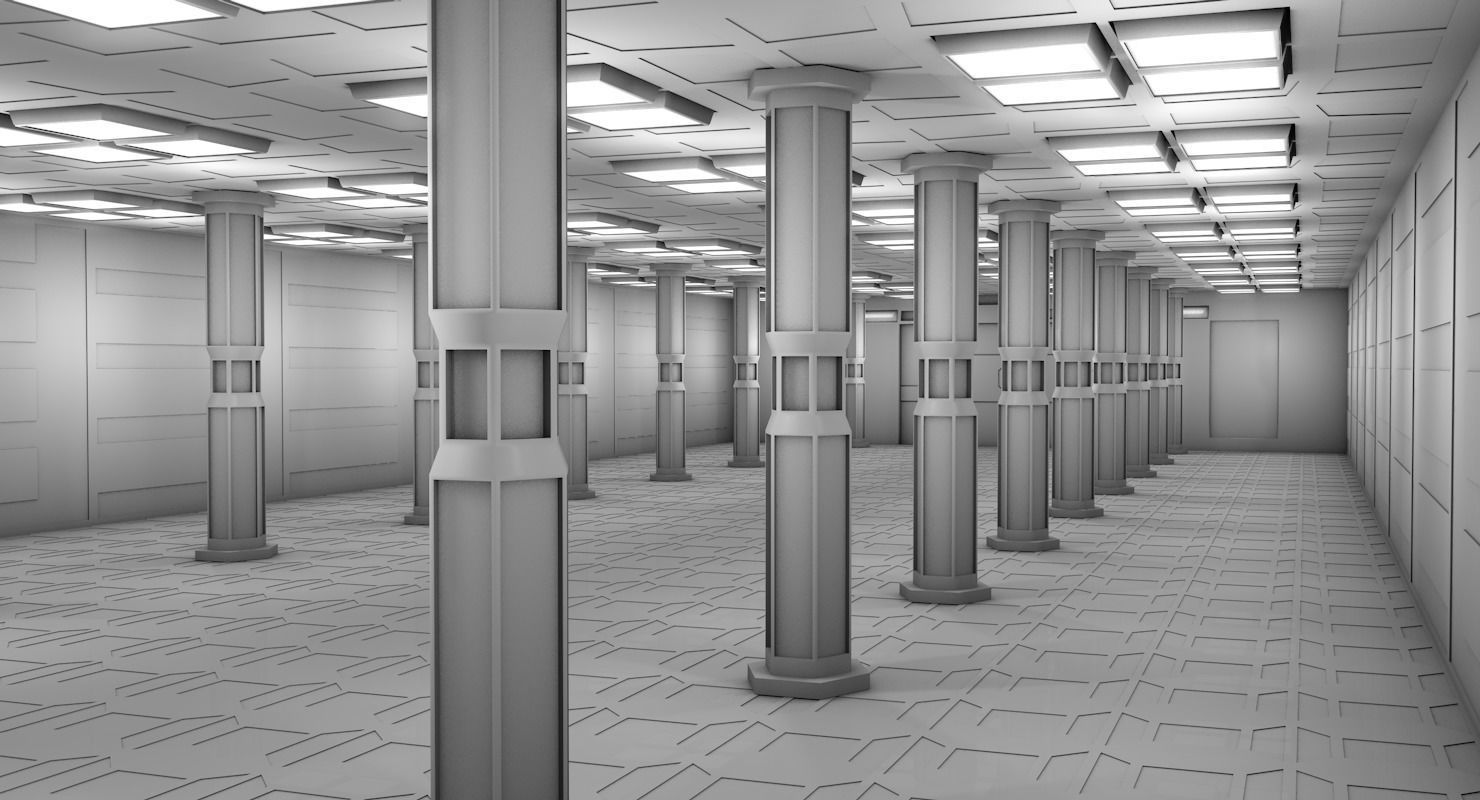 Warehouse hallway with columns and lights 3D model_1