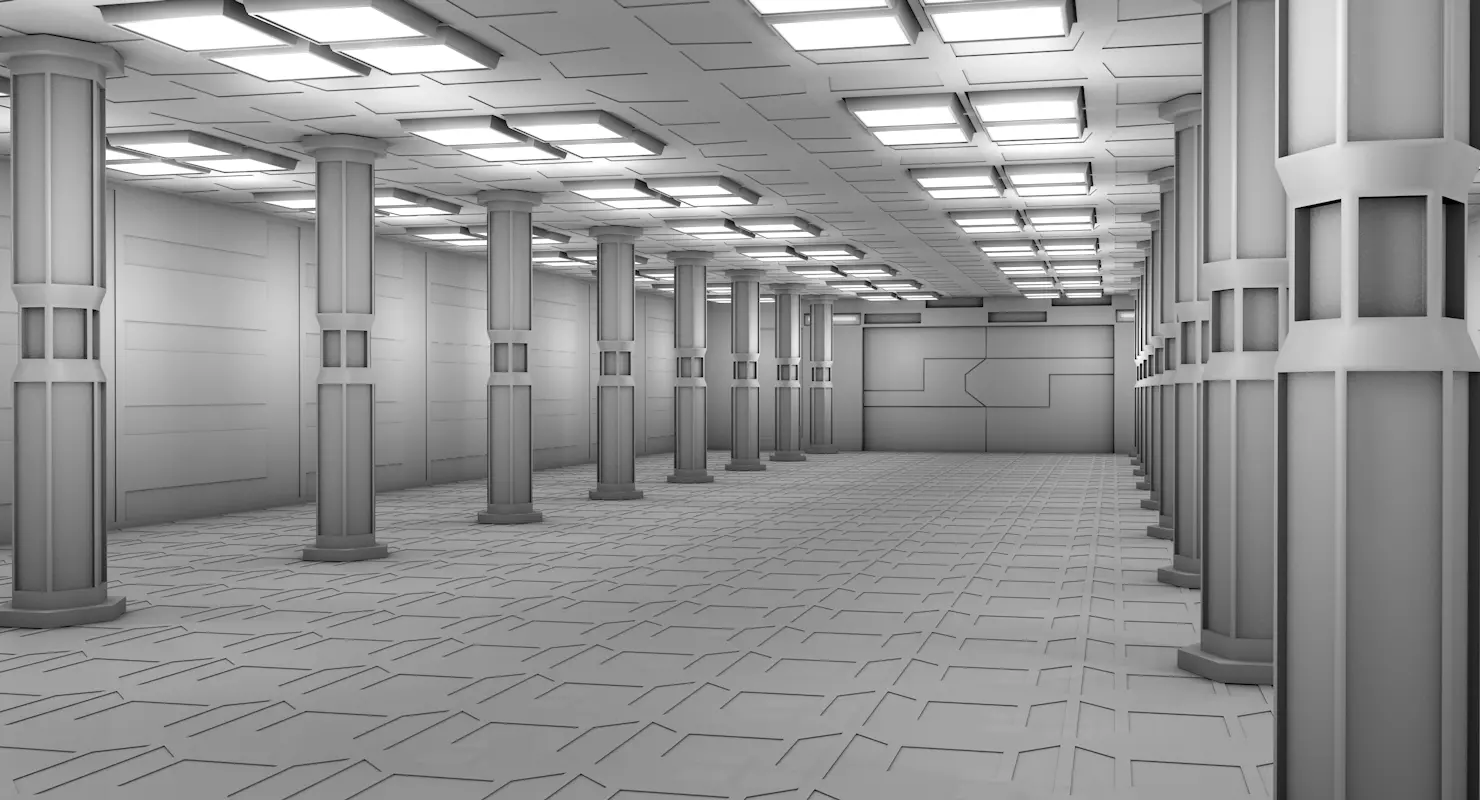 Warehouse hallway with columns and lights 3D model_0