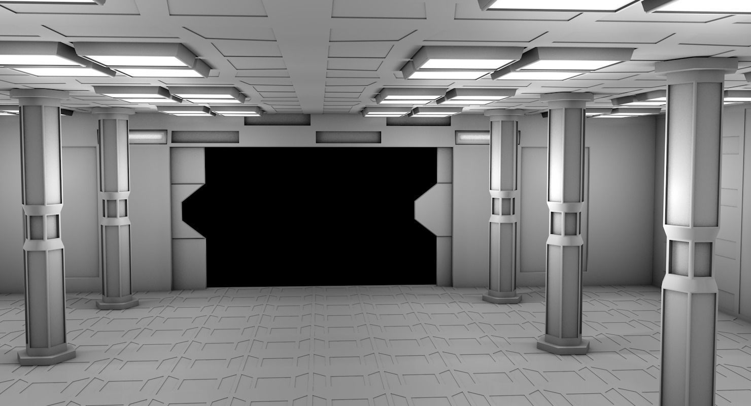 Warehouse hallway with columns and lights 3D model_5