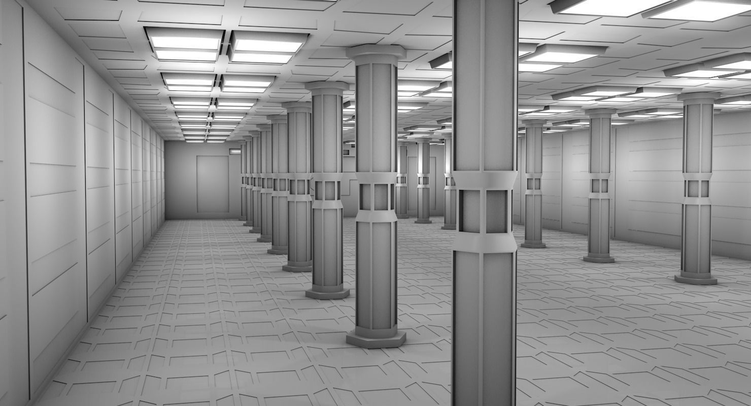 Warehouse hallway with columns and lights 3D model_2