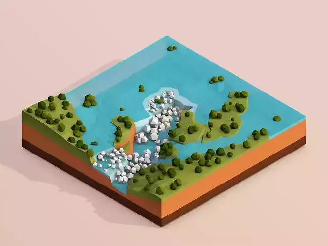 Cartoon Low Poly Iguazu Waterfall Landmark