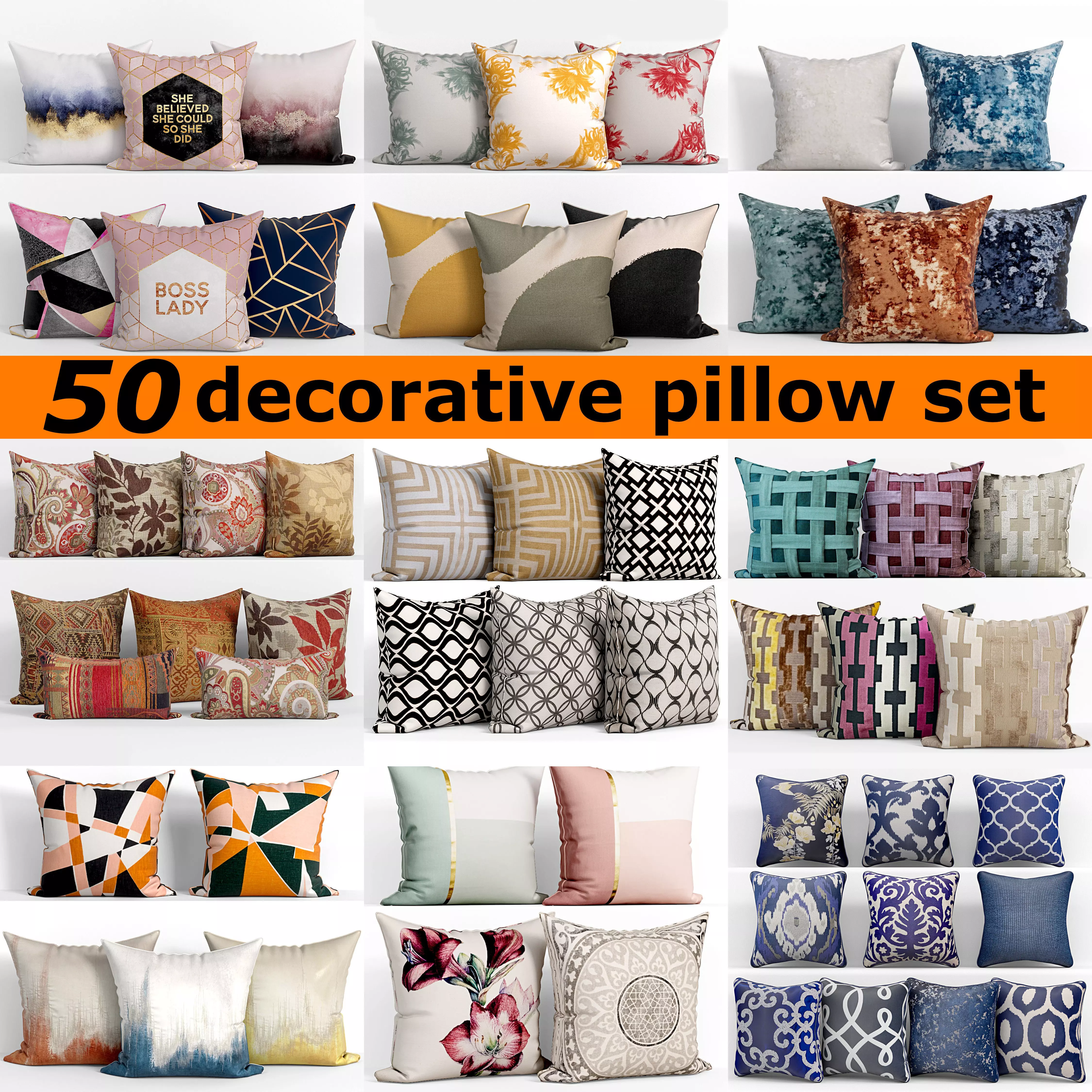 50 Decorative pillows sets Low-poly 3D model_0