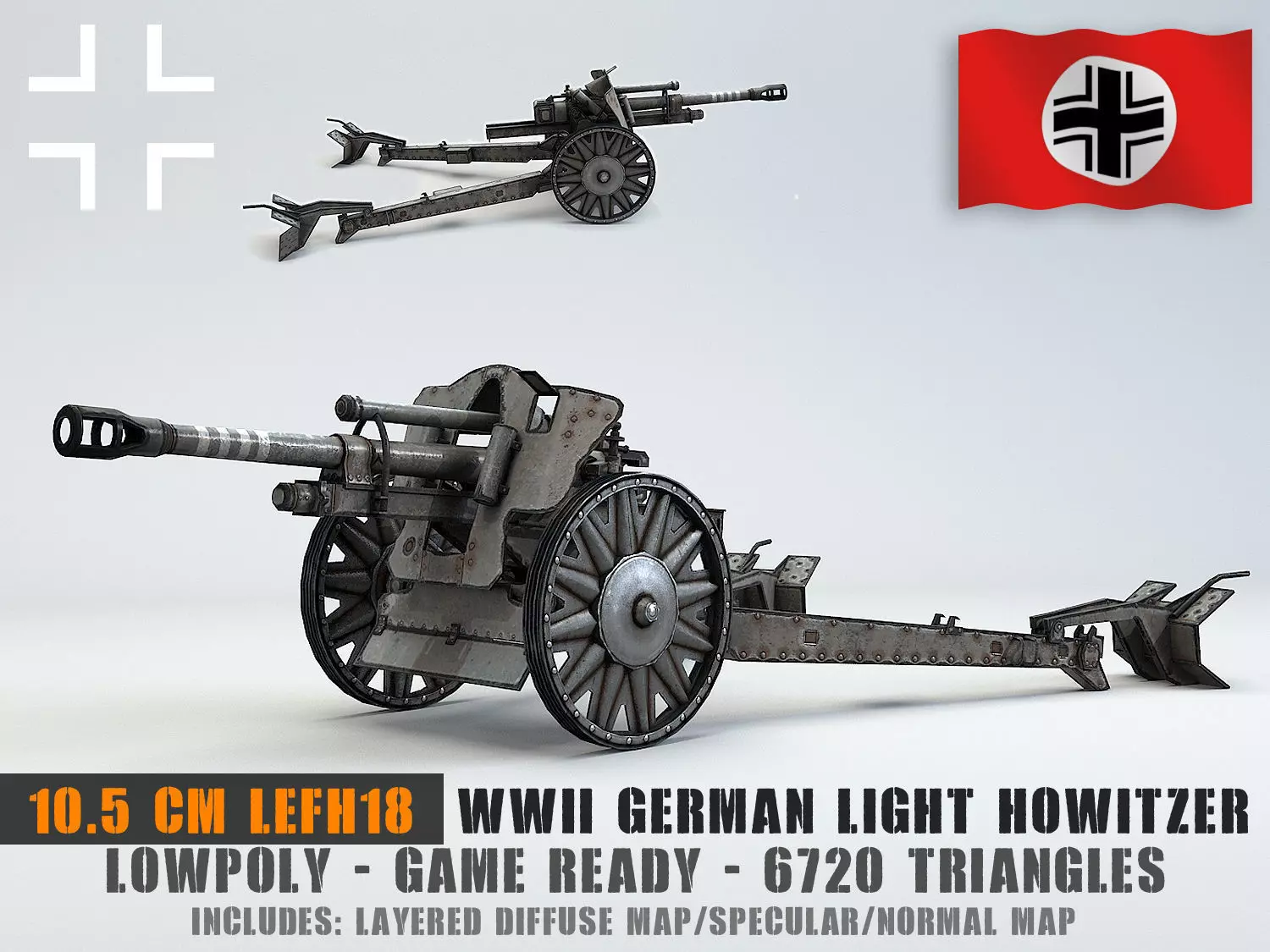 Low Poly 10 5 cm leichte Feldhaubitze Anti Tank Gun Low-poly 3D model_0