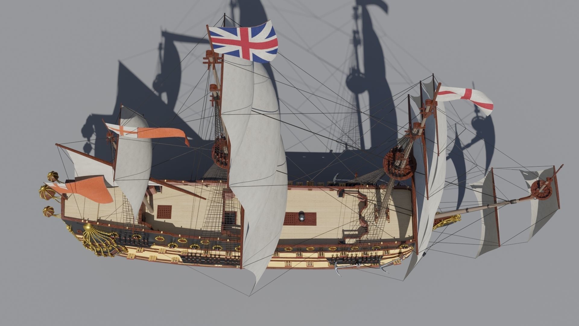 First rate ship of the line HMS Prince 1670 Low-poly 3D model_11