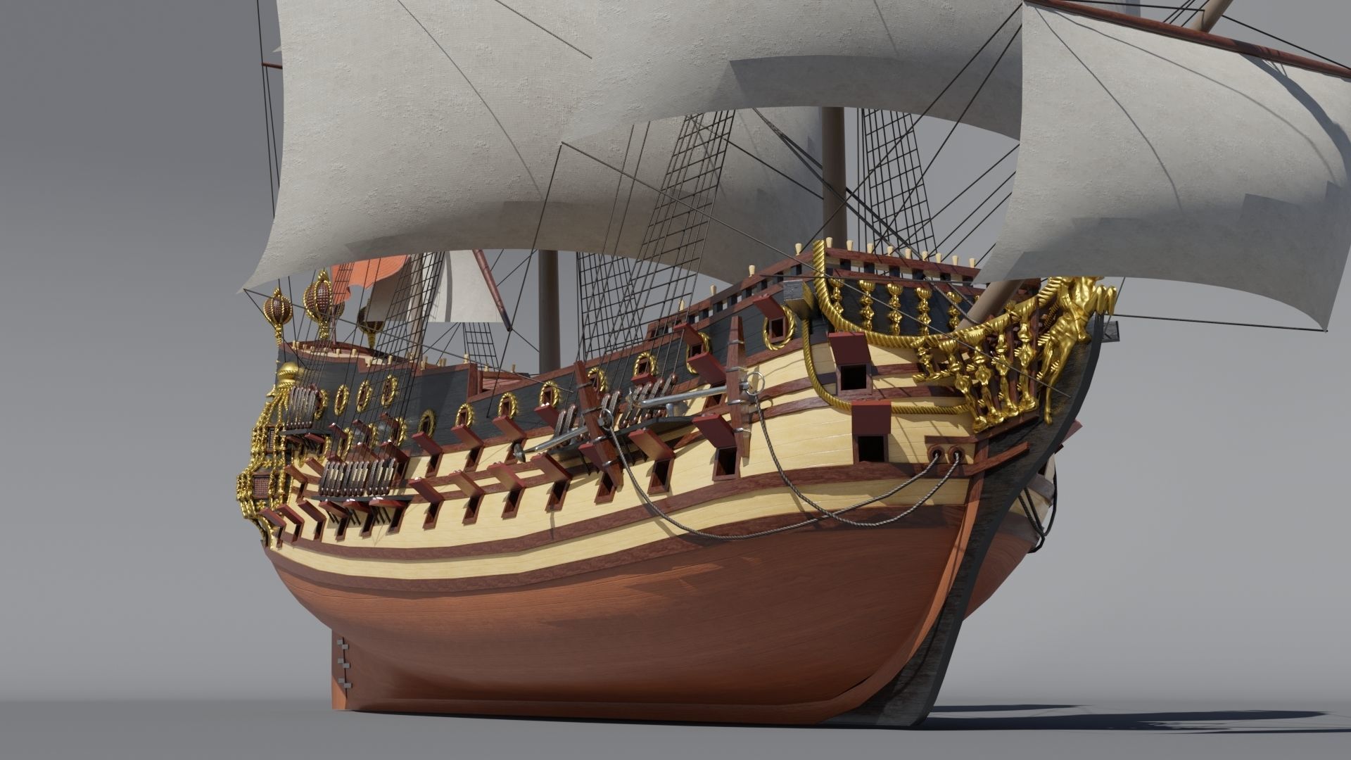 First rate ship of the line HMS Prince 1670 Low-poly 3D model_5