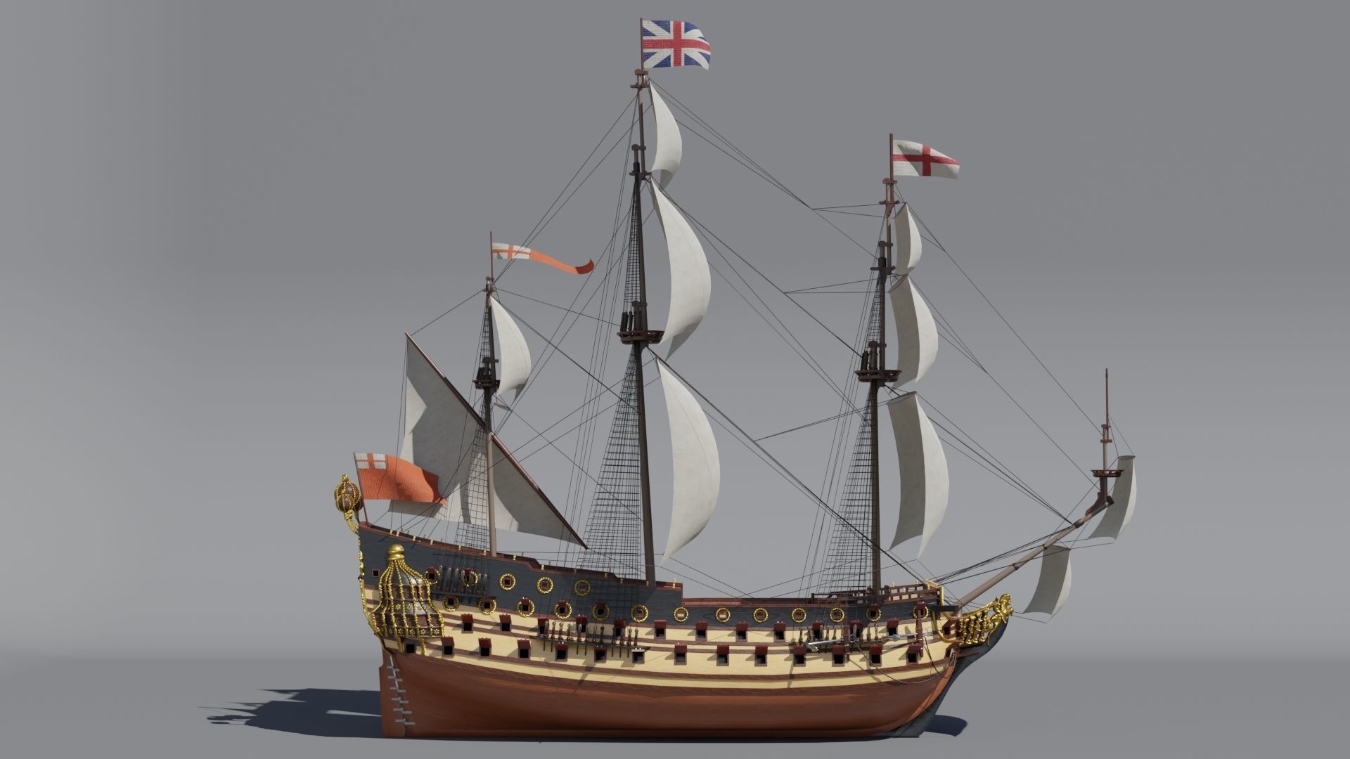 First rate ship of the line HMS Prince 1670 Low-poly 3D model_1