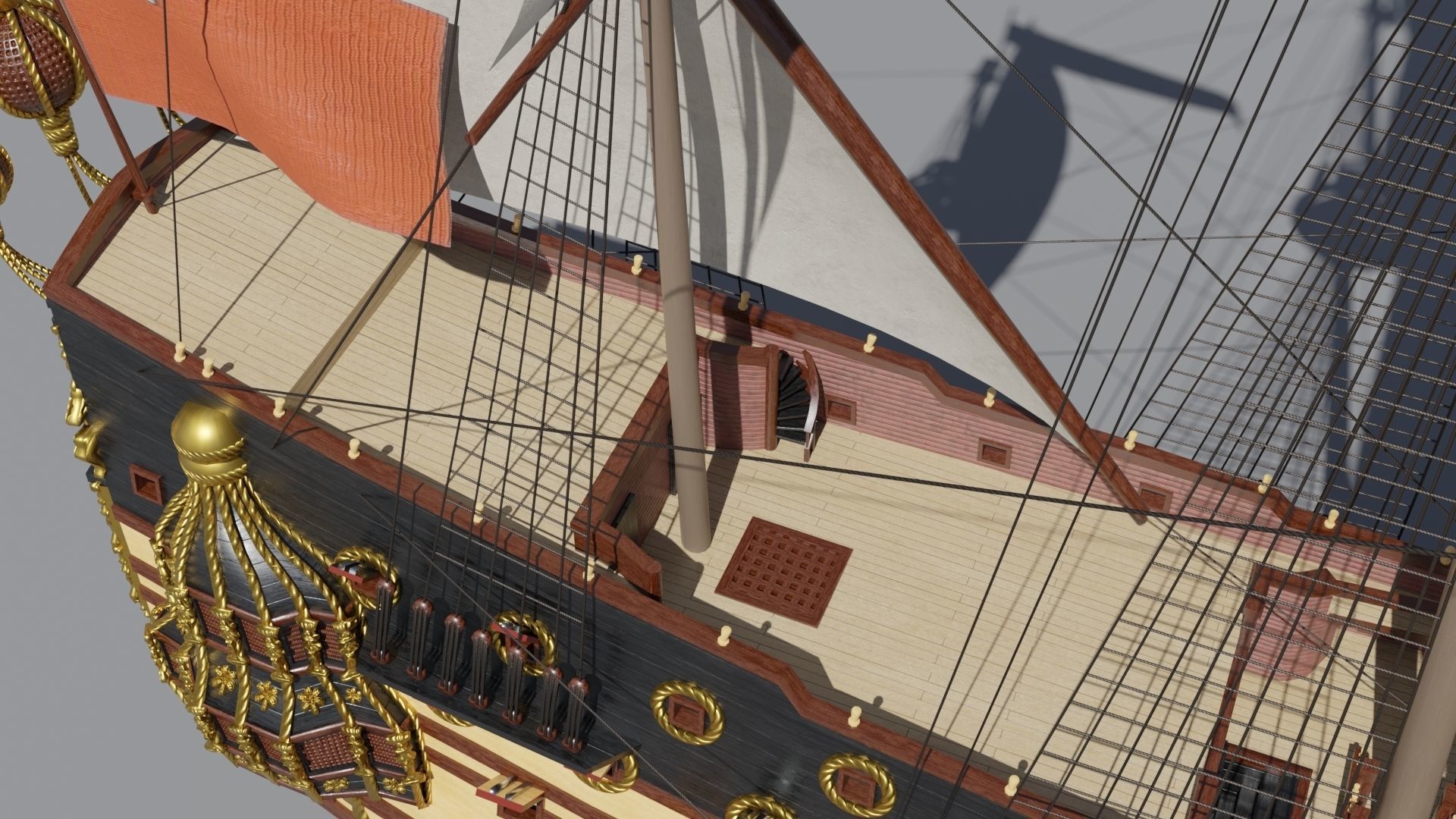 First rate ship of the line HMS Prince 1670 Low-poly 3D model_14