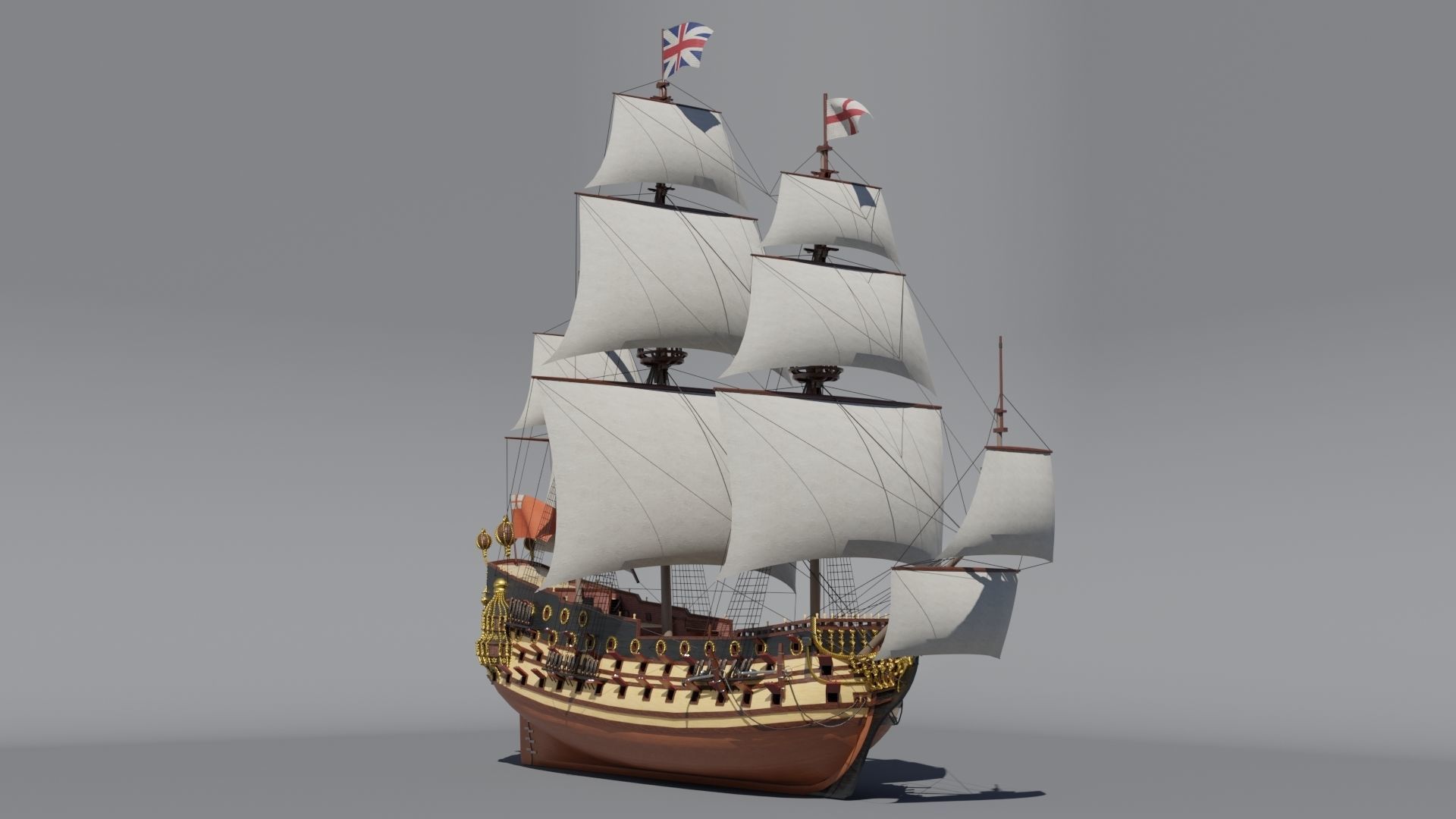 First rate ship of the line HMS Prince 1670 Low-poly 3D model_0