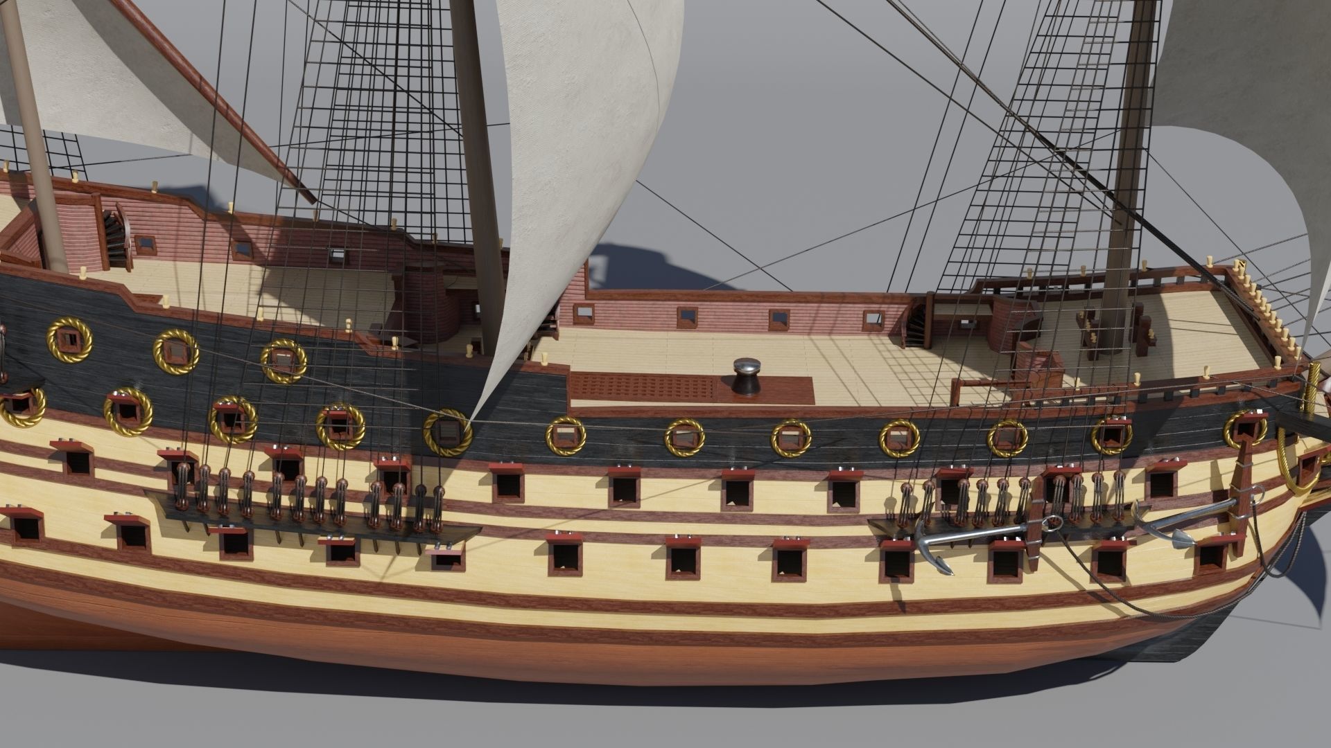 First rate ship of the line HMS Prince 1670 Low-poly 3D model_7
