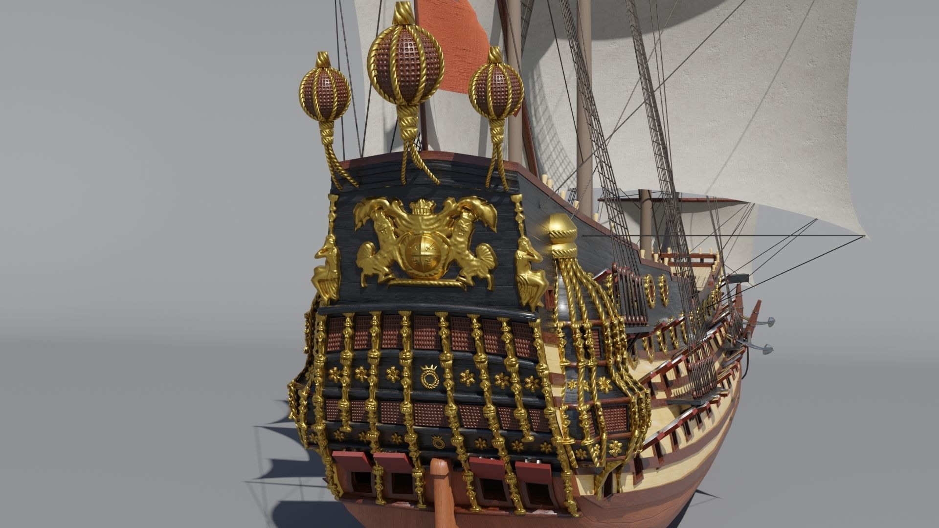 First rate ship of the line HMS Prince 1670 Low-poly 3D model_9