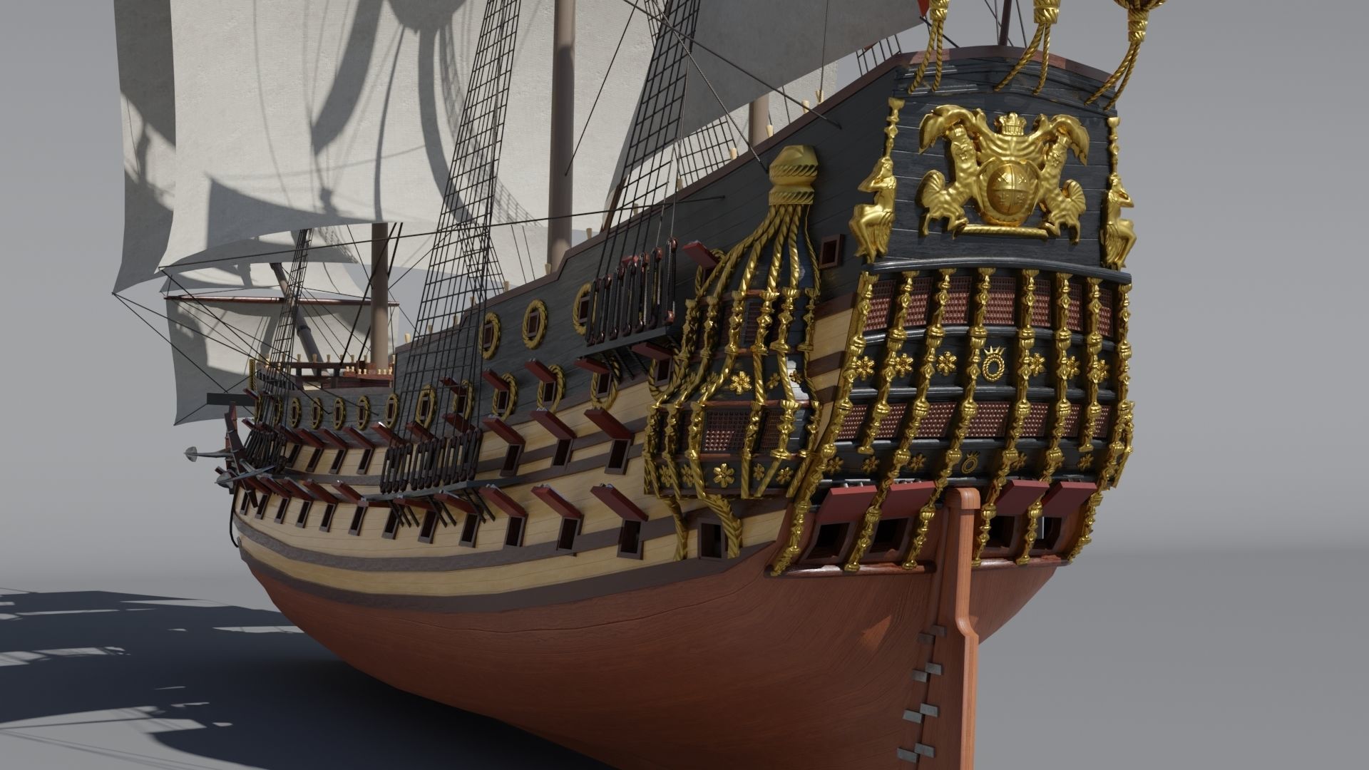 First rate ship of the line HMS Prince 1670 Low-poly 3D model_10