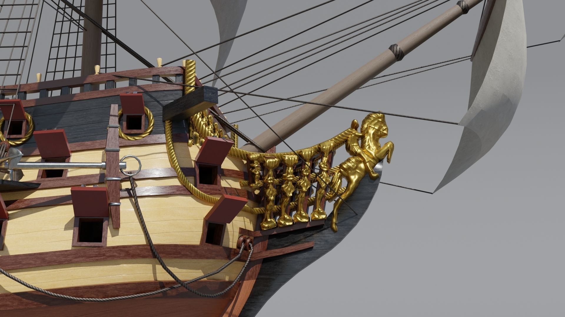 First rate ship of the line HMS Prince 1670 Low-poly 3D model_6