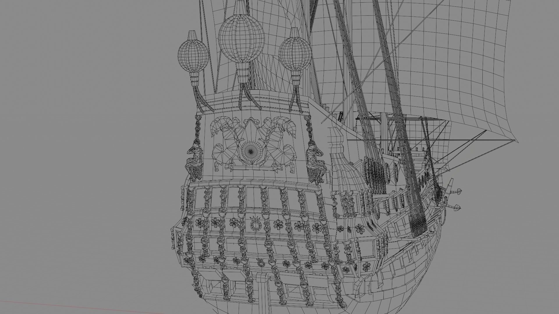 First rate ship of the line HMS Prince 1670 Low-poly 3D model_17