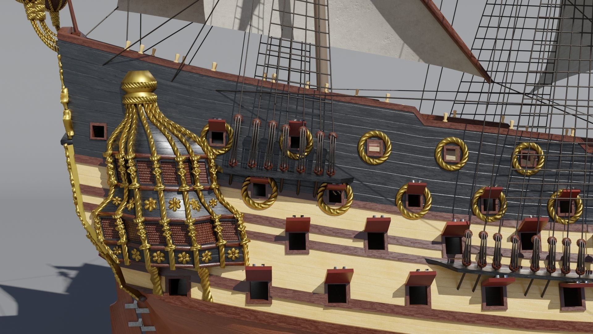 First rate ship of the line HMS Prince 1670 Low-poly 3D model_8