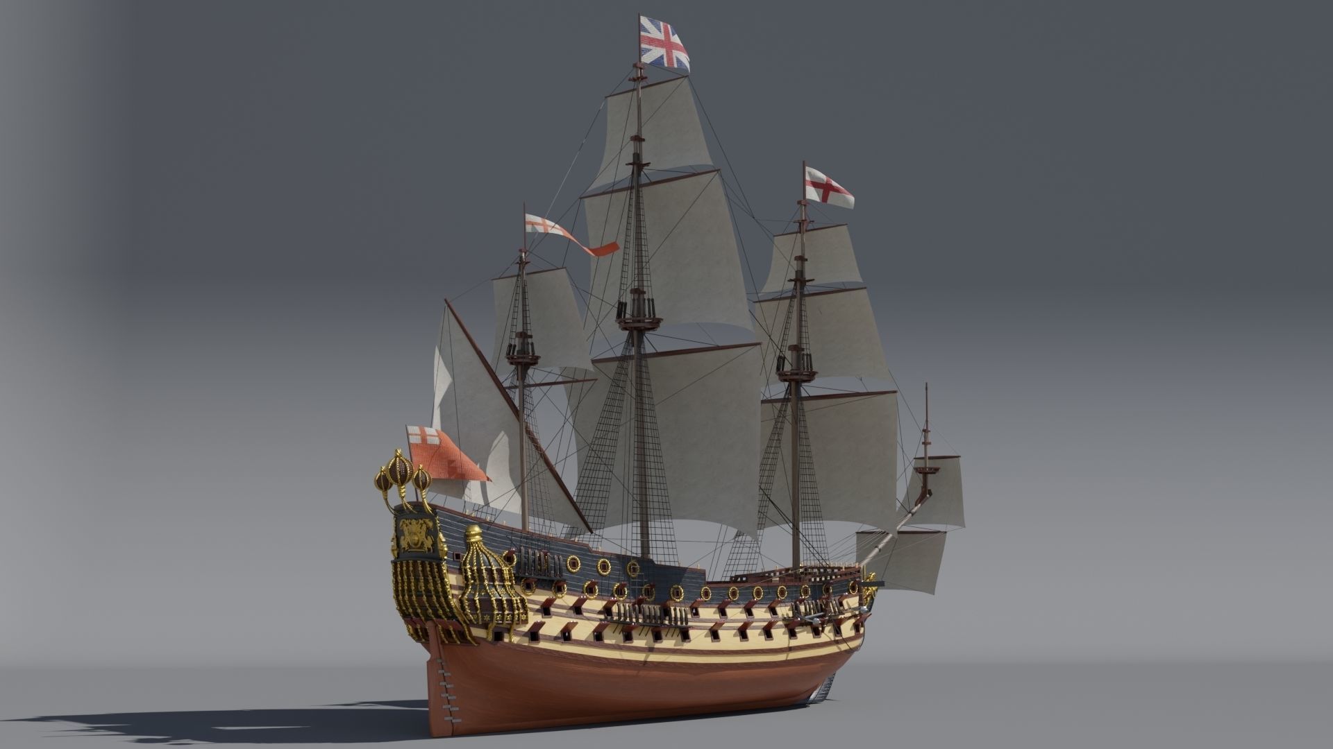 First rate ship of the line HMS Prince 1670 Low-poly 3D model_2
