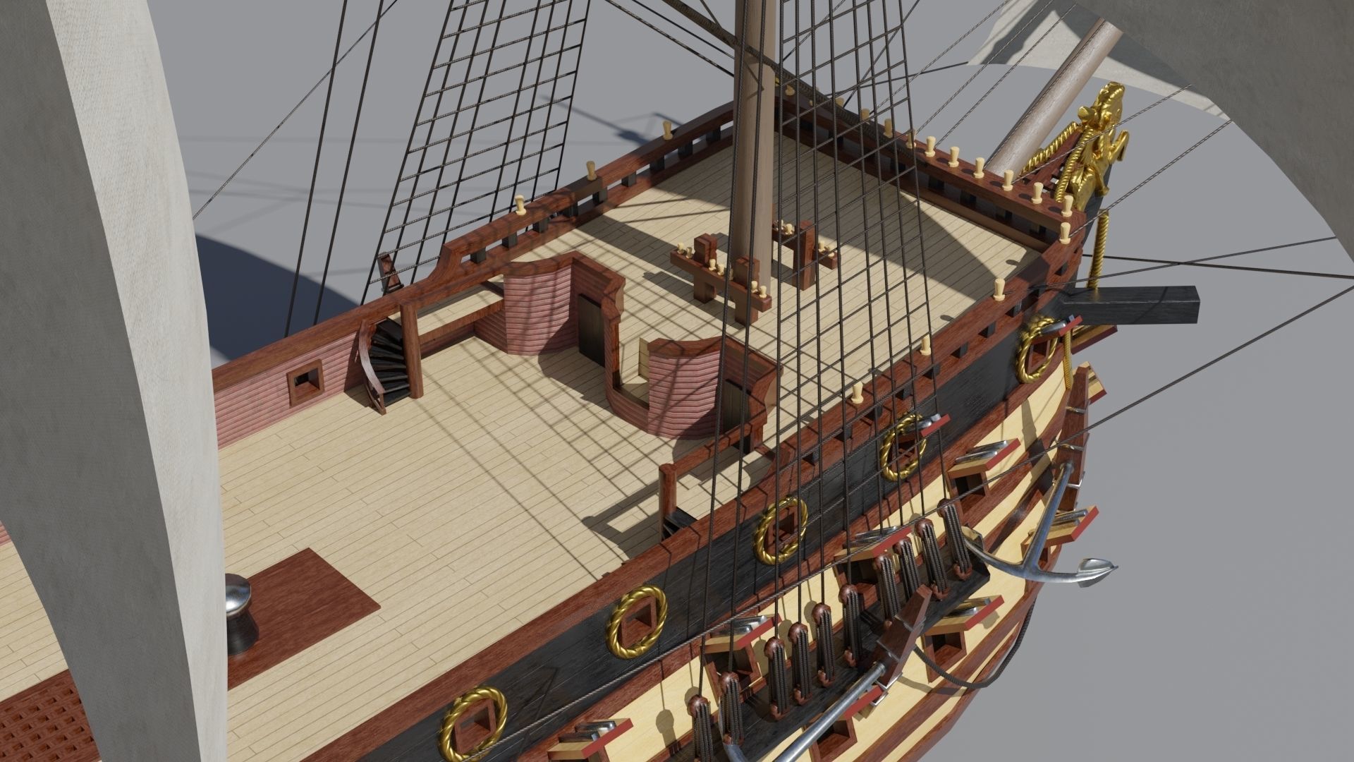 First rate ship of the line HMS Prince 1670 Low-poly 3D model_15