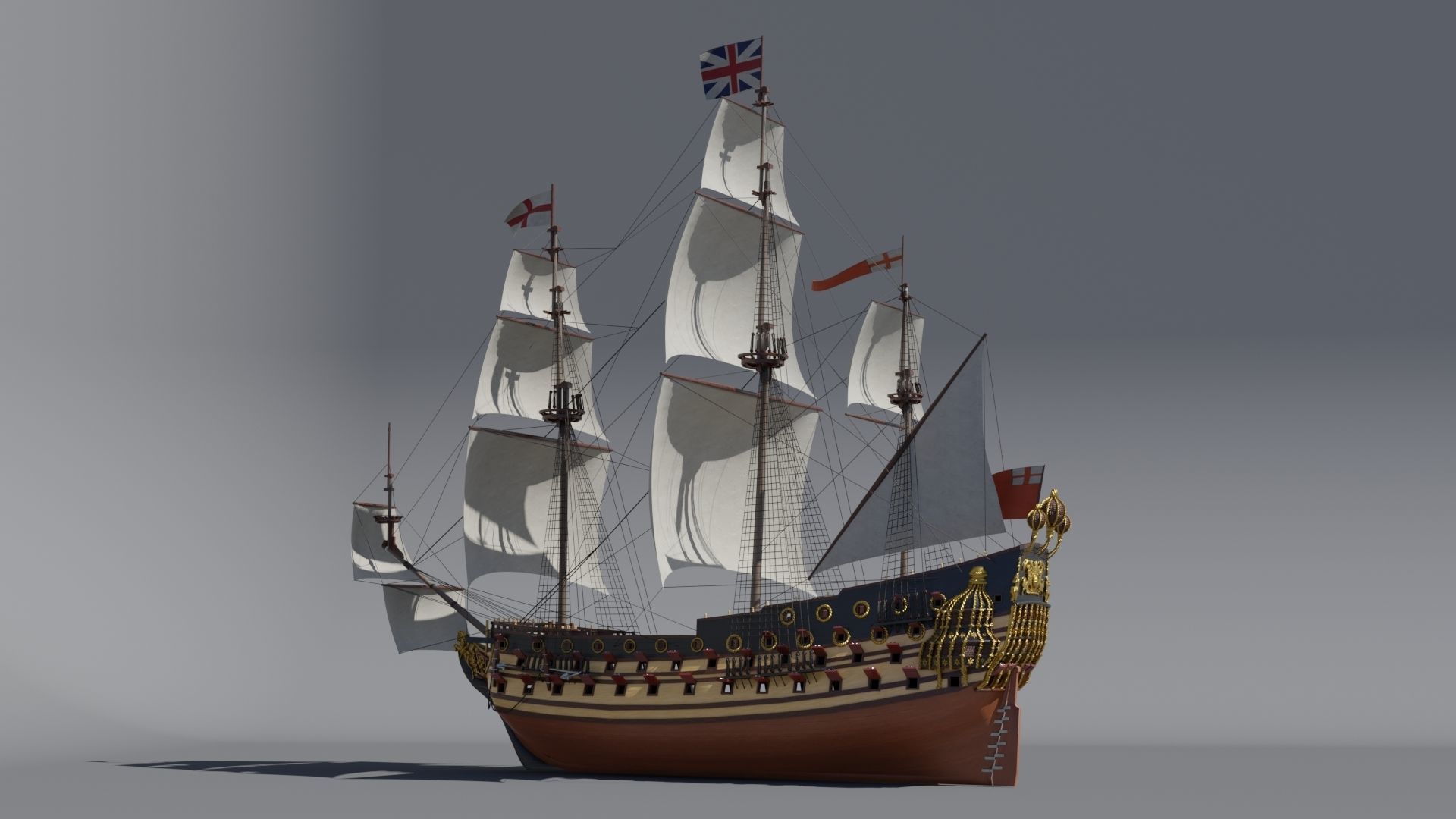 First rate ship of the line HMS Prince 1670 Low-poly 3D model_4