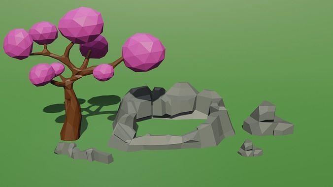 Low Poly Tree and Rocks Free low-poly 3D model