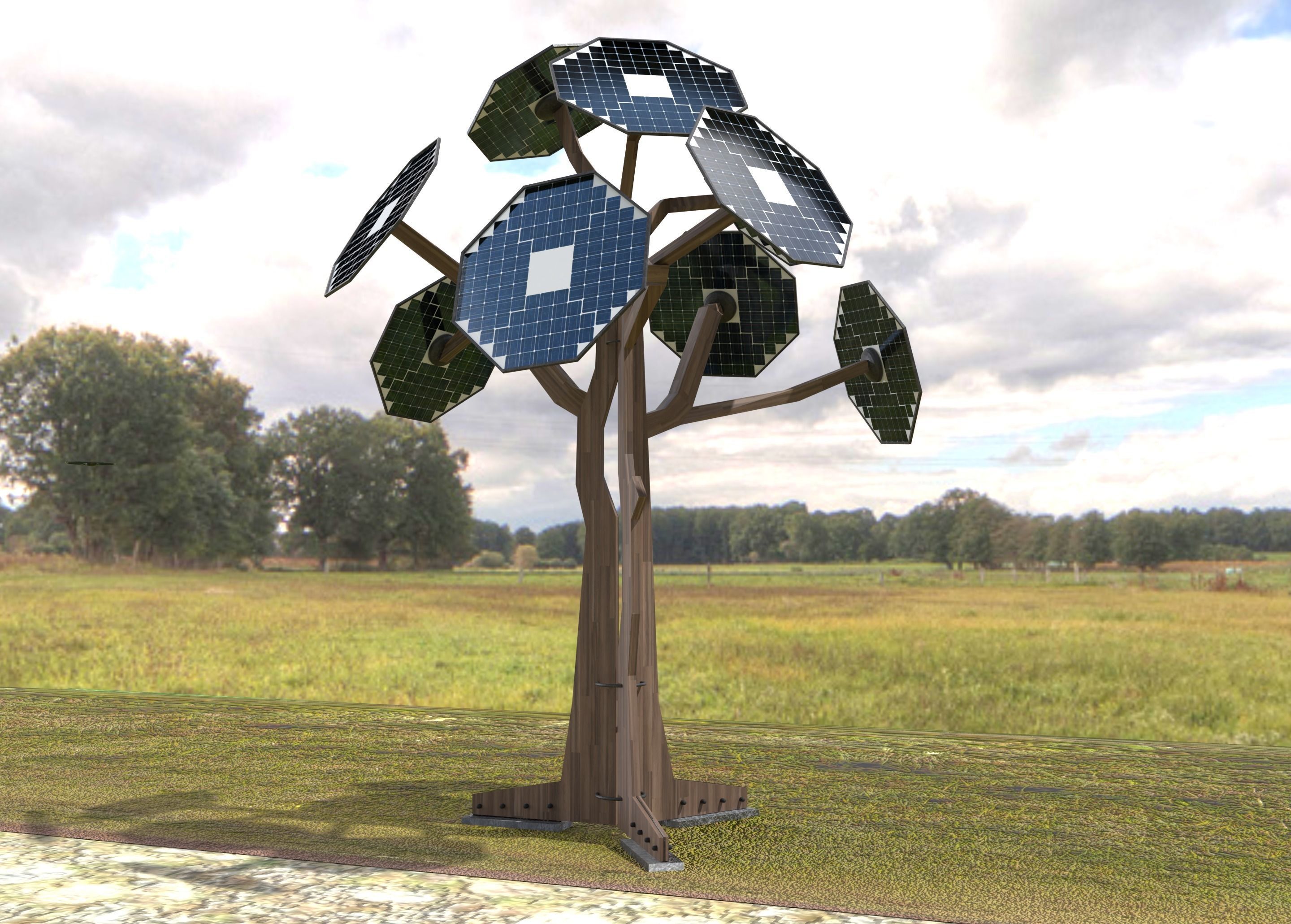 solar energy tree octagonal panels Low-poly 3D model_1