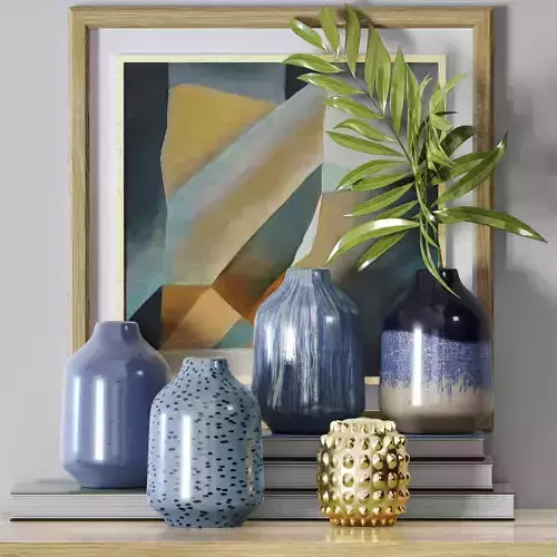 decorative set vases on shelf with painting