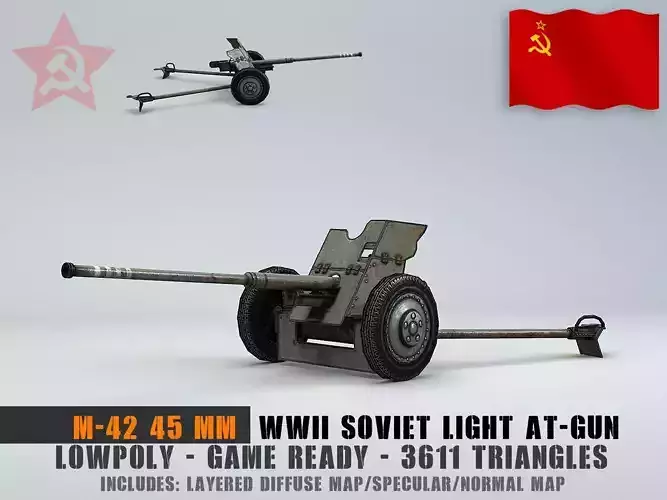 Low Poly  45 mm anti-tank gun M-42 Low-poly 3D model