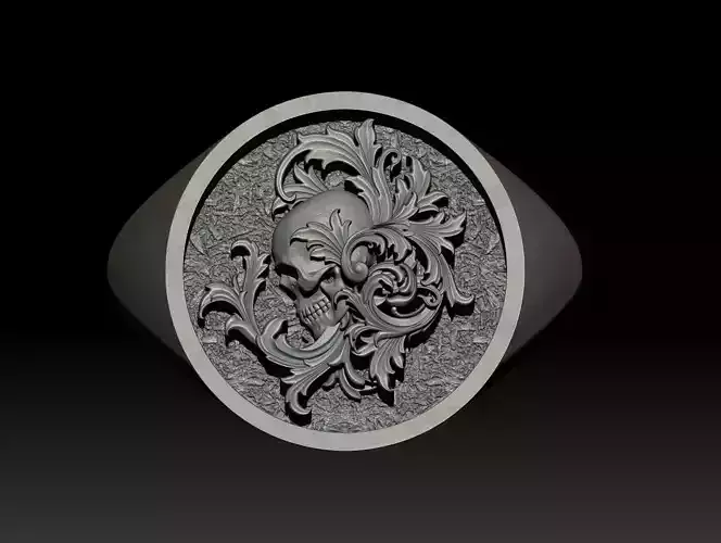 Skull with Scrolls Signet Ring 3D Model Print 