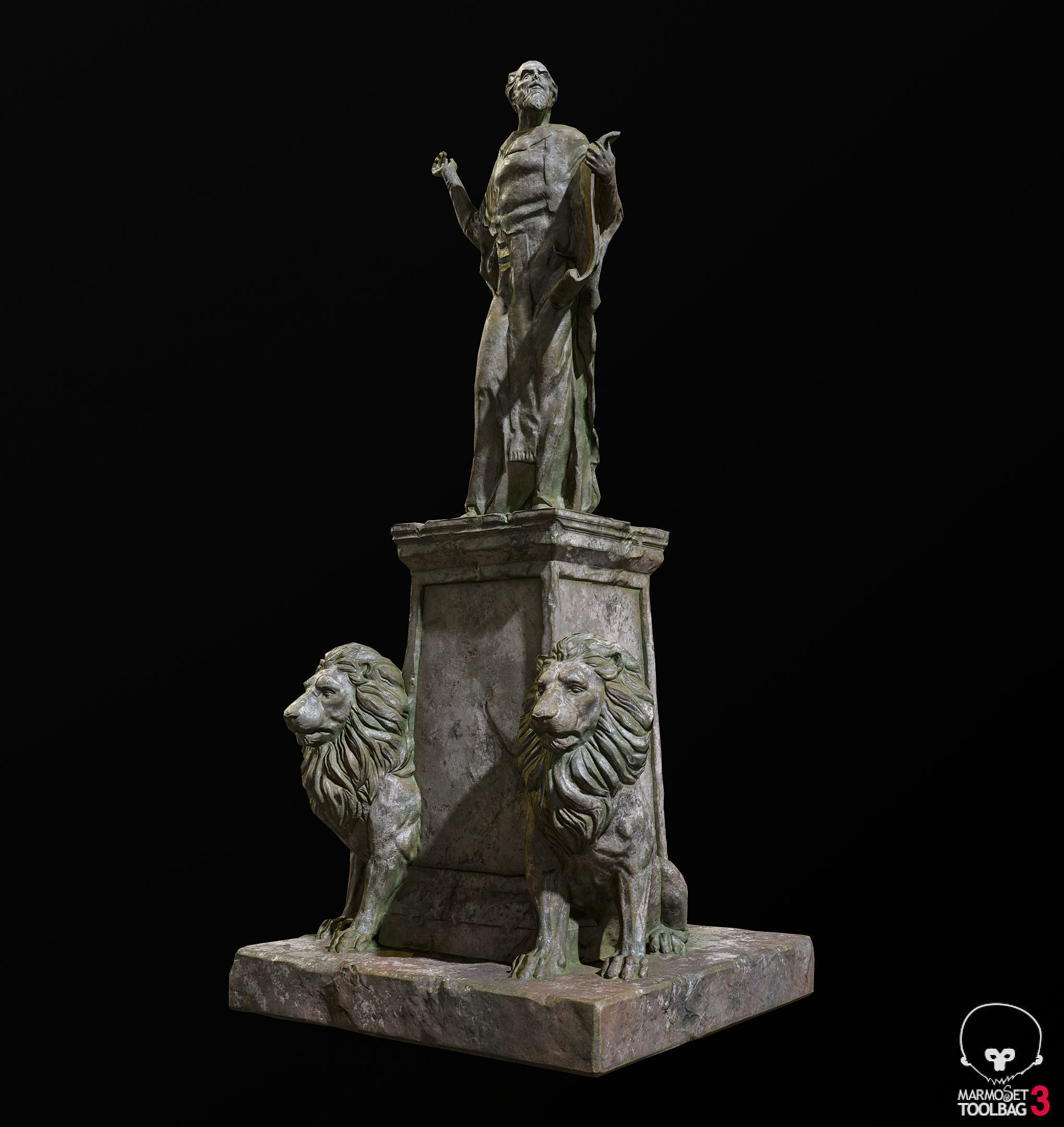 Old Sage statue with two lions Low-poly 3D model_6