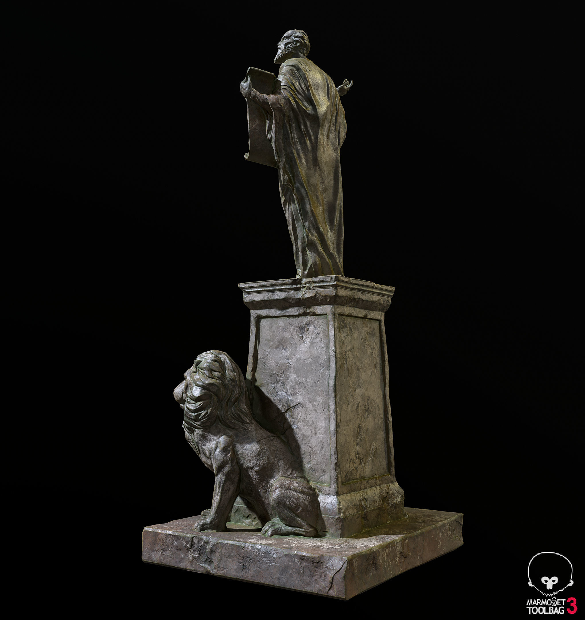 Old Sage statue with two lions Low-poly 3D model_16