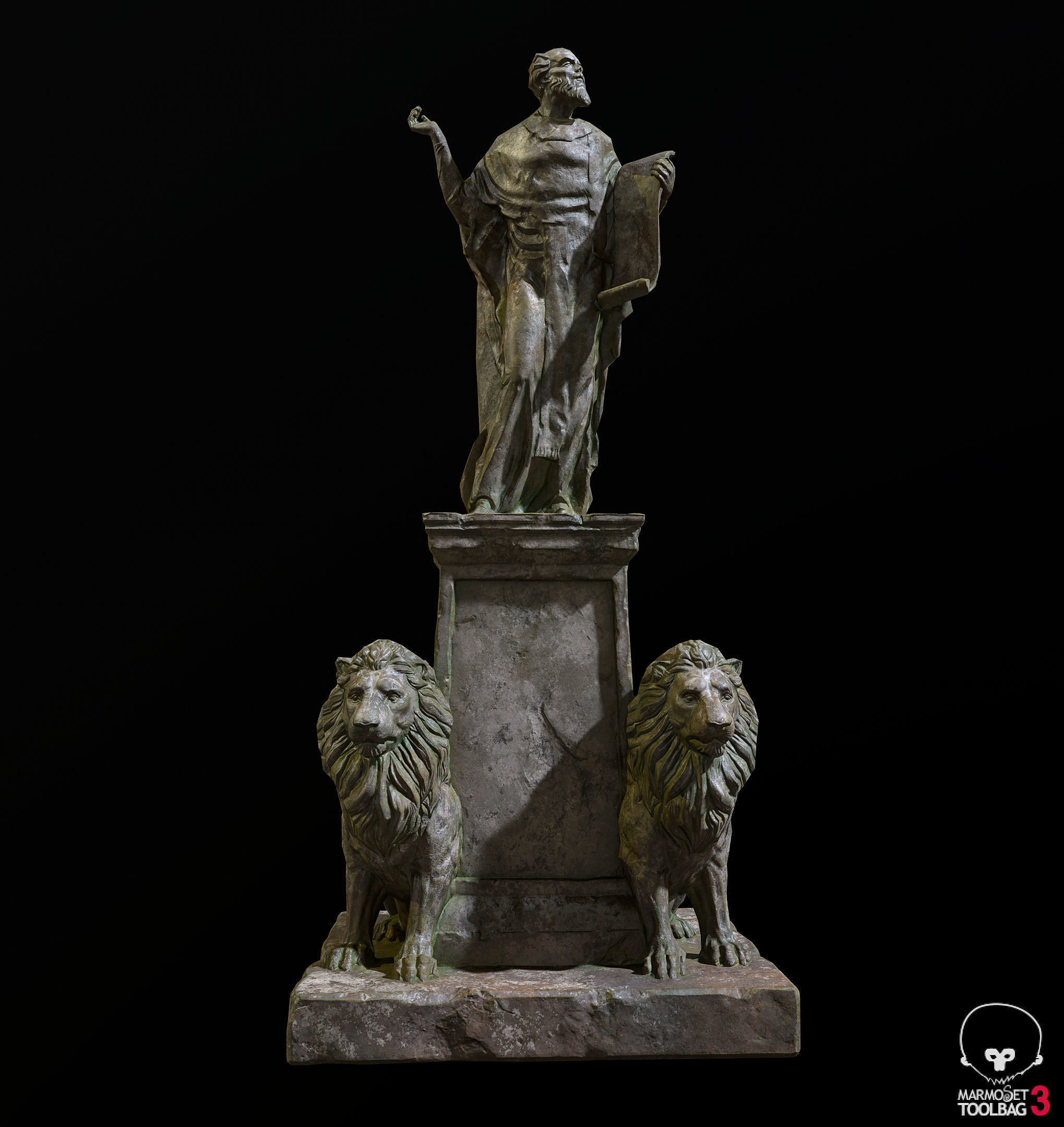 Old Sage statue with two lions Low-poly 3D model_11