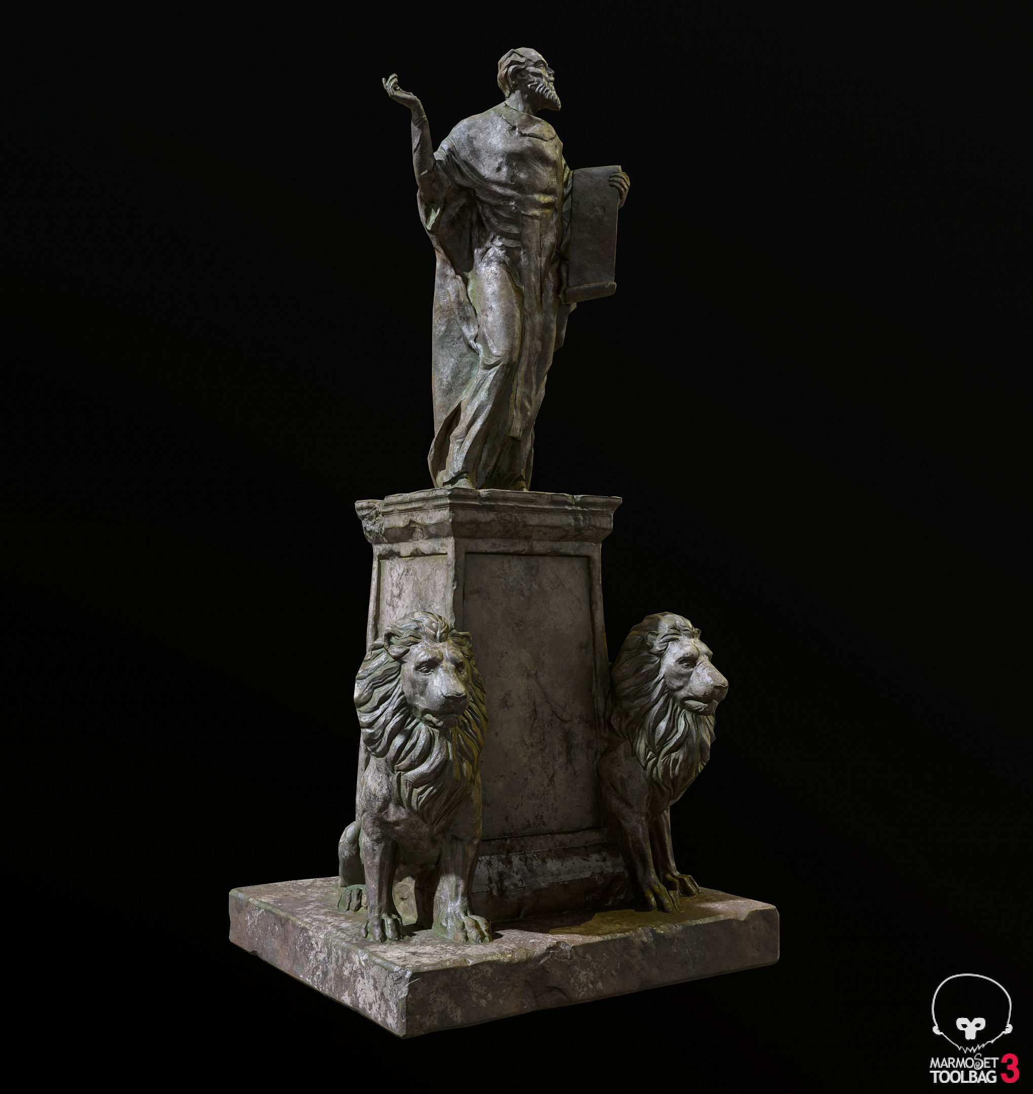 Old Sage statue with two lions Low-poly 3D model_3