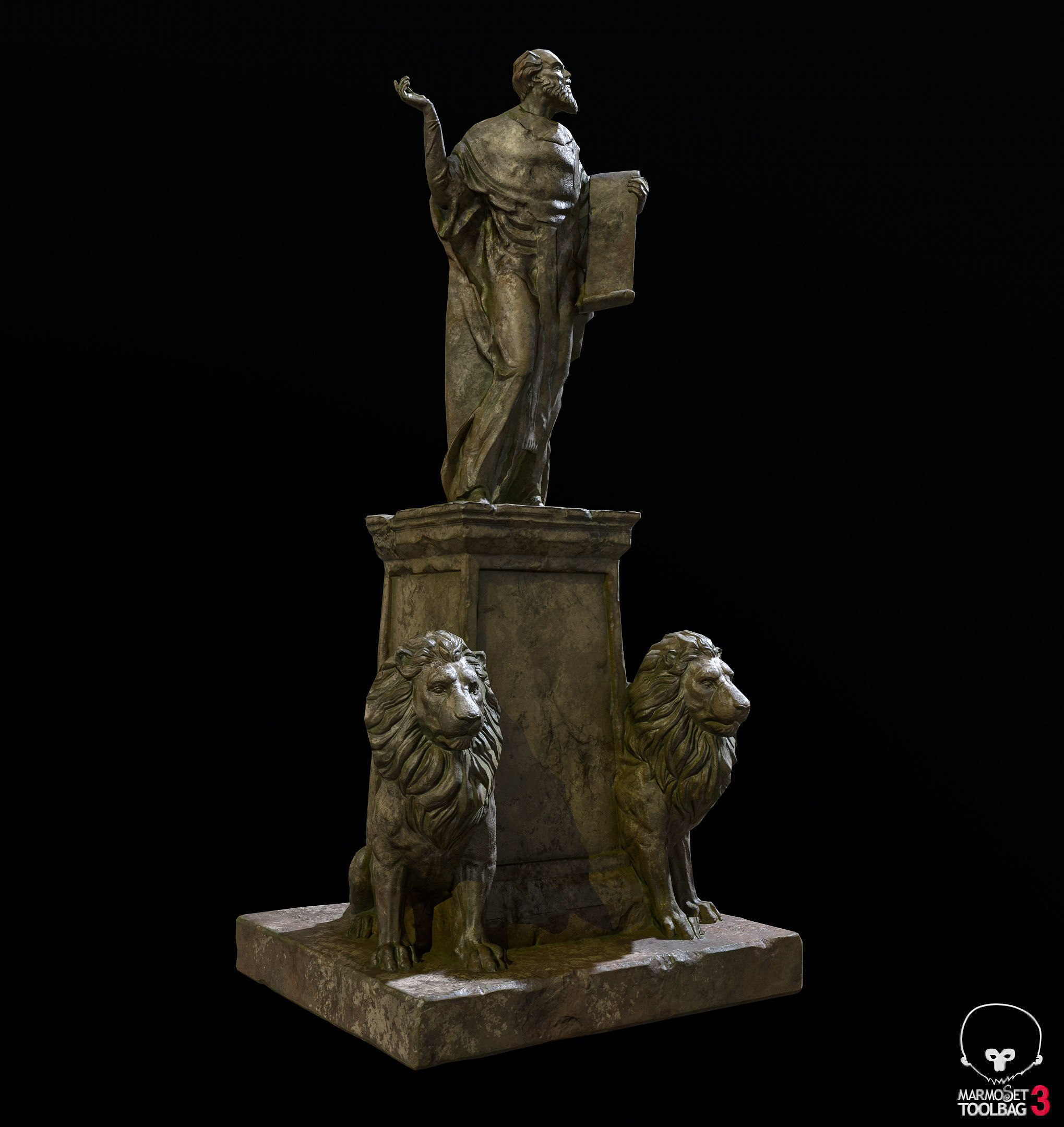 Old Sage statue with two lions Low-poly 3D model_17