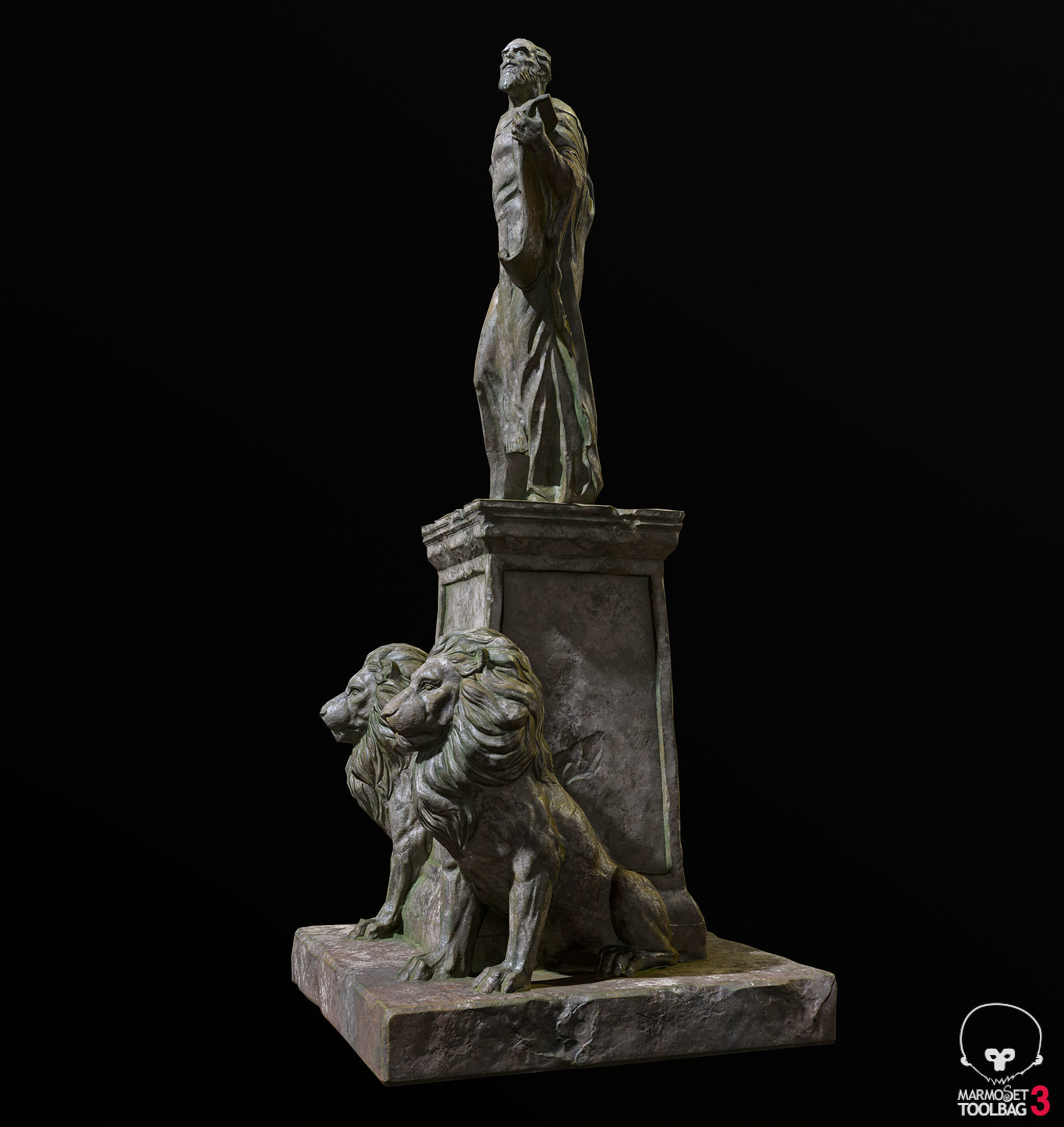 Old Sage statue with two lions Low-poly 3D model_14