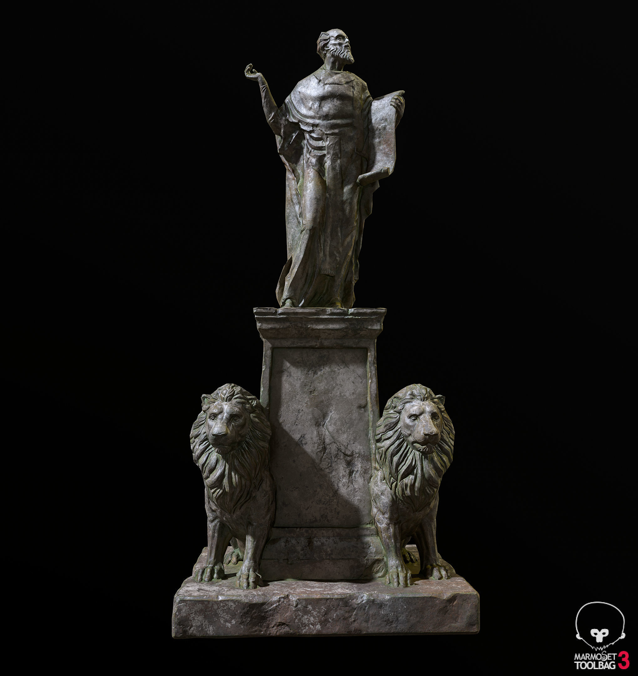 Old Sage statue with two lions Low-poly 3D model_2
