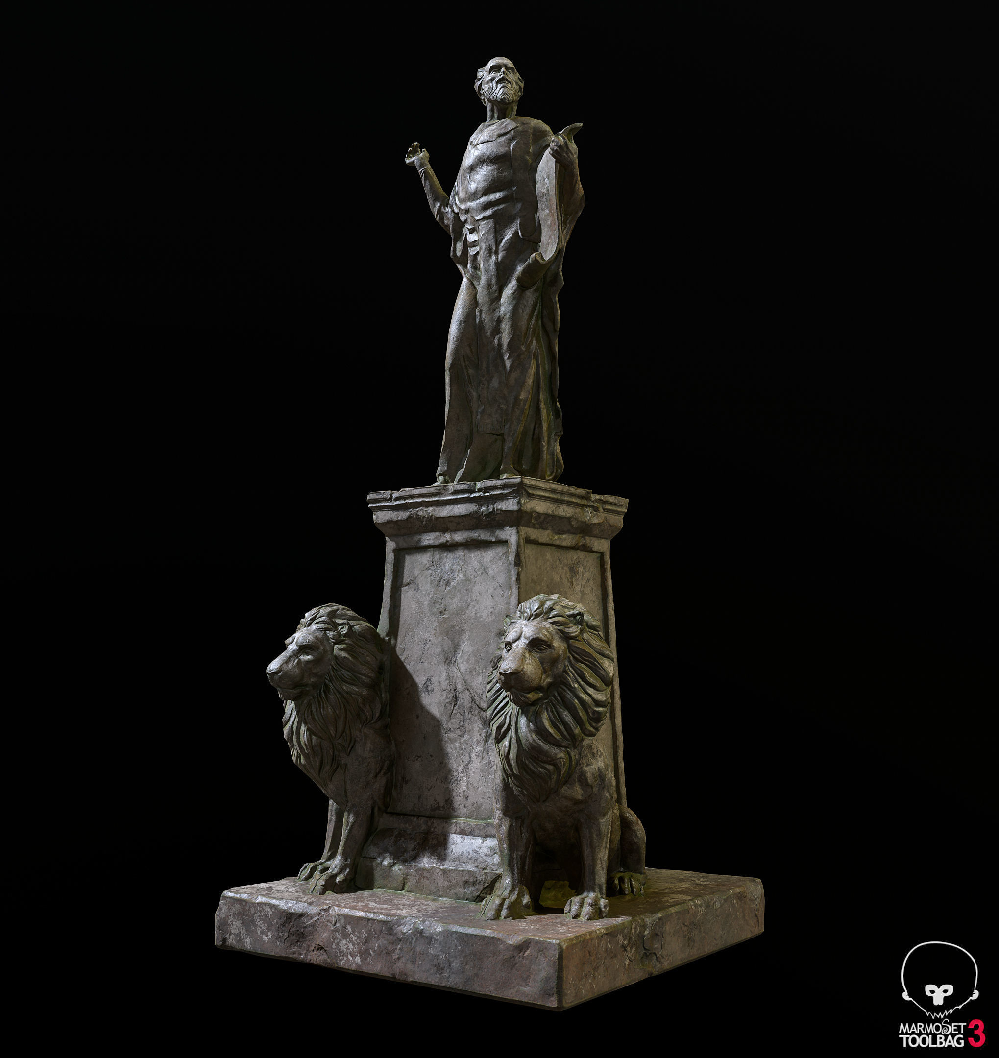 Old Sage statue with two lions Low-poly 3D model_13