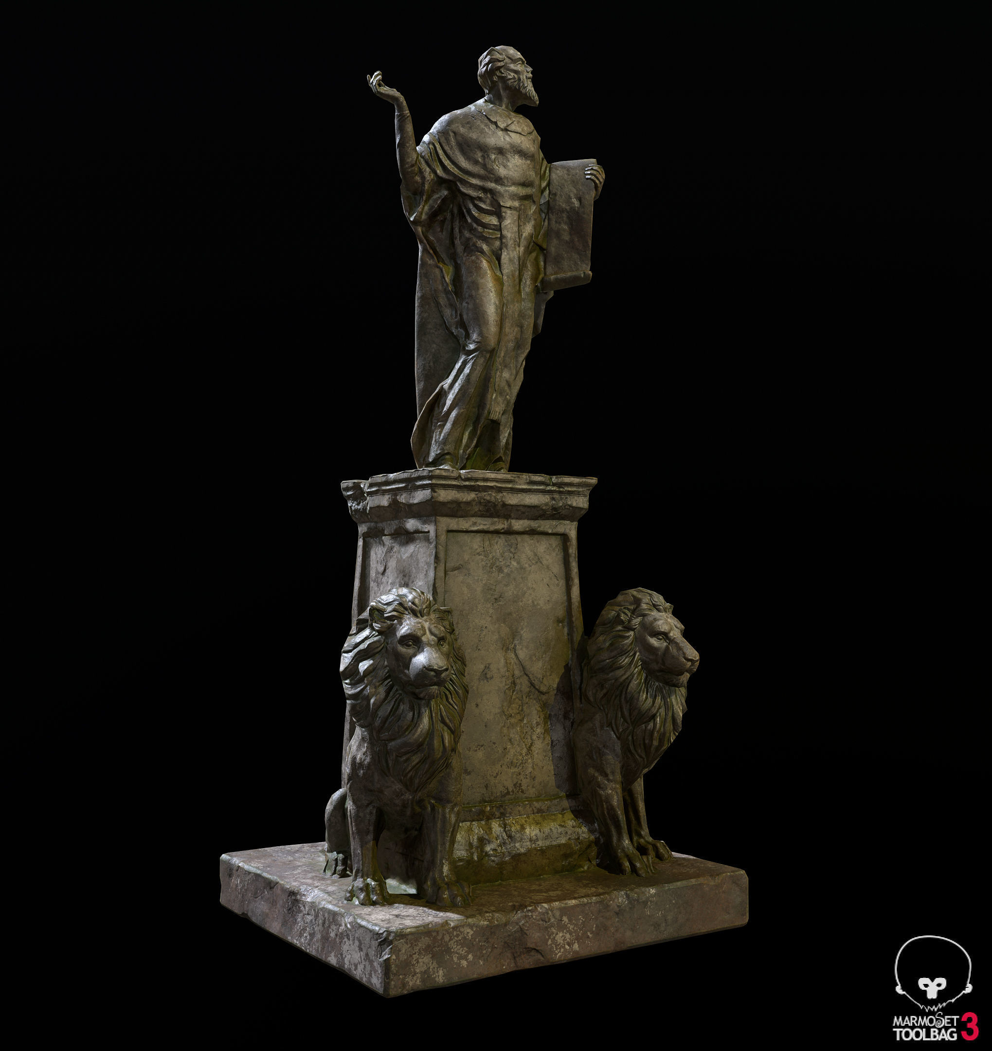 Old Sage statue with two lions Low-poly 3D model_7