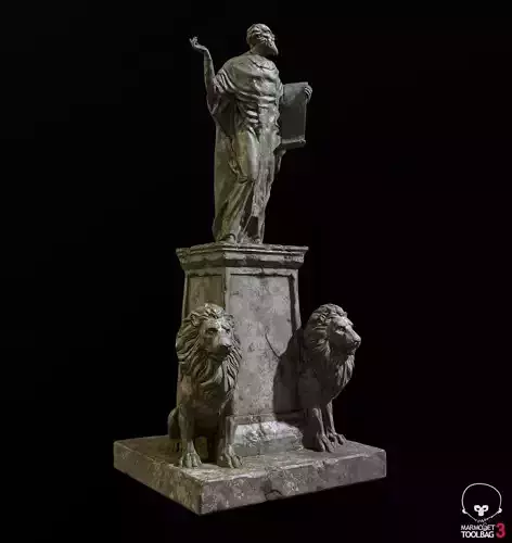 Old Sage statue with two lions