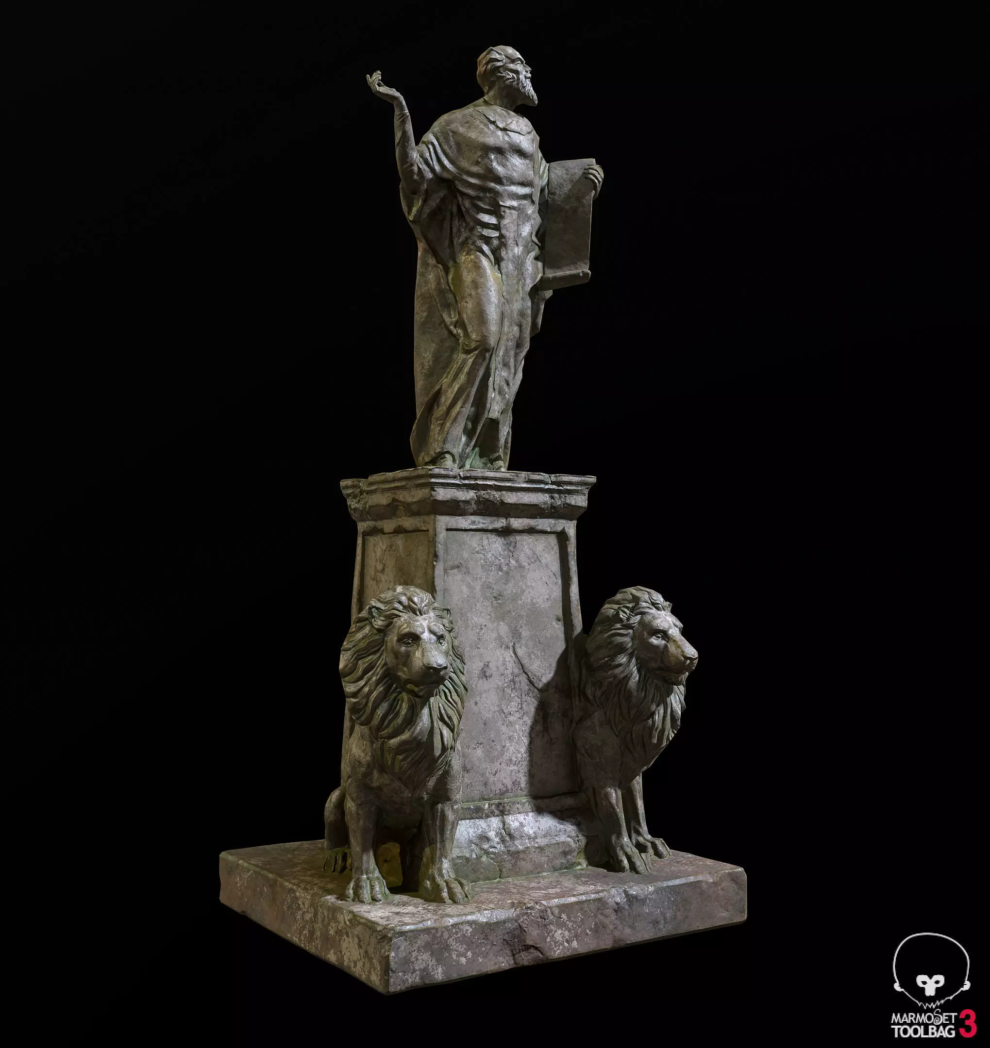 Old Sage statue with two lions Low-poly 3D model_0