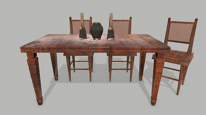 Table Set wooden chair Low-poly 3D model