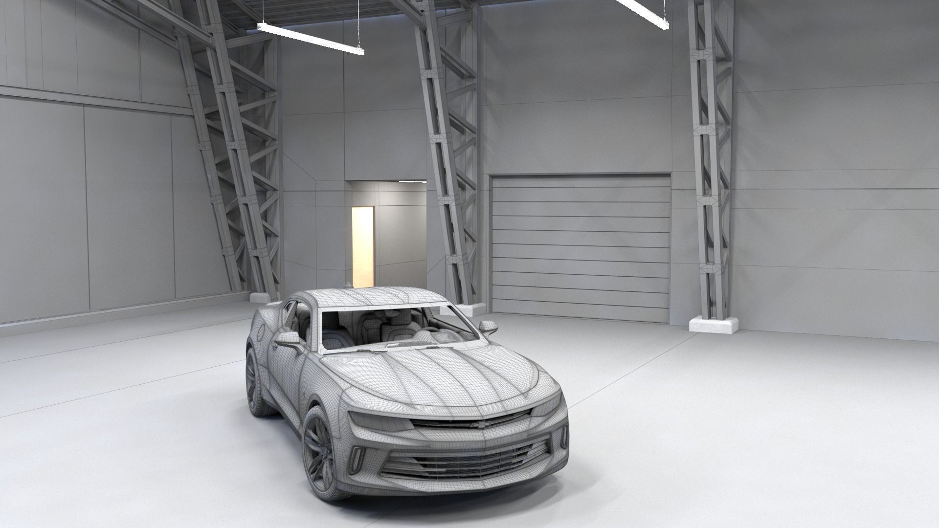 Hangar and Camaro Low-poly 3D model_9