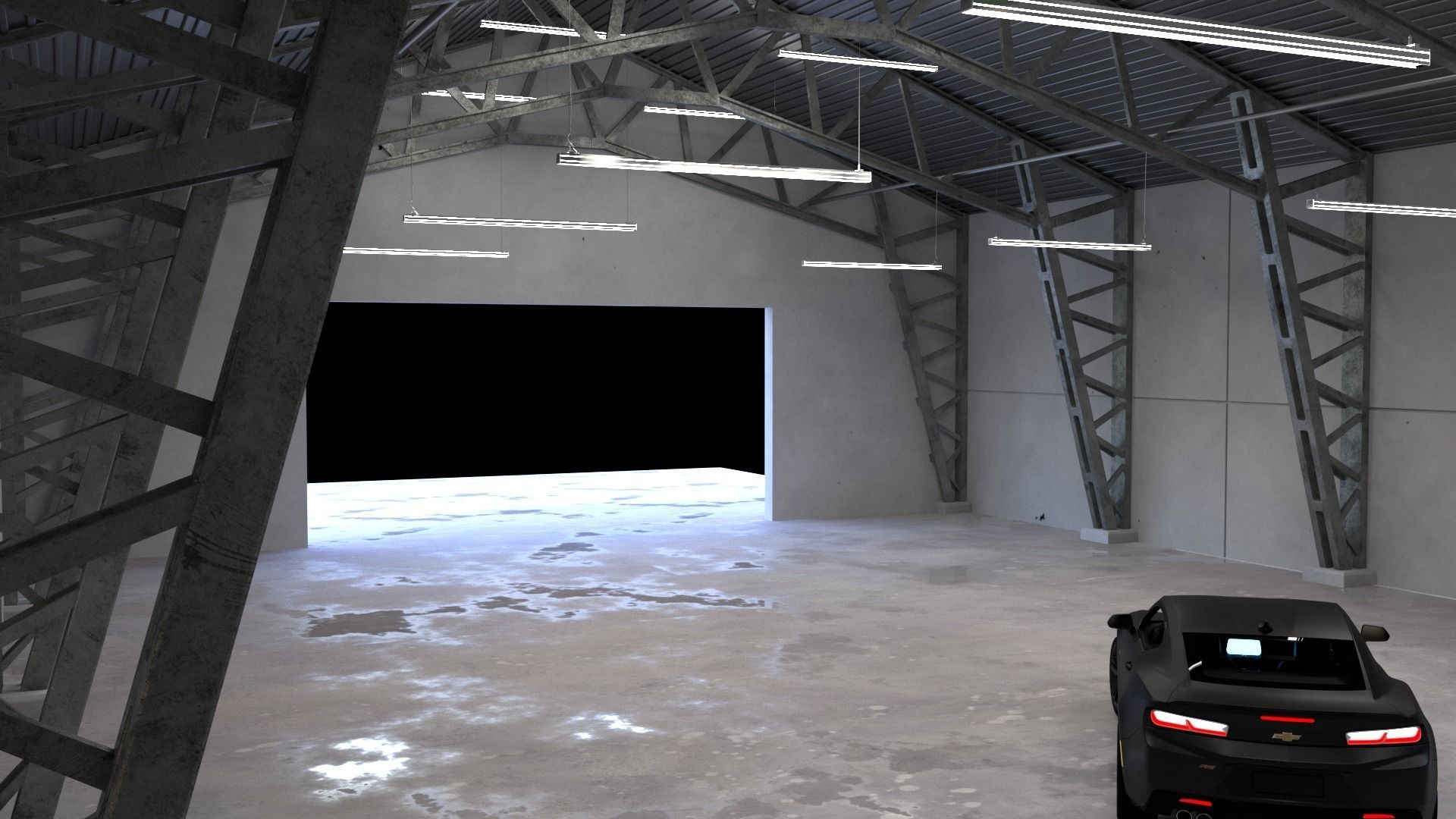 Hangar and Camaro Low-poly 3D model_5