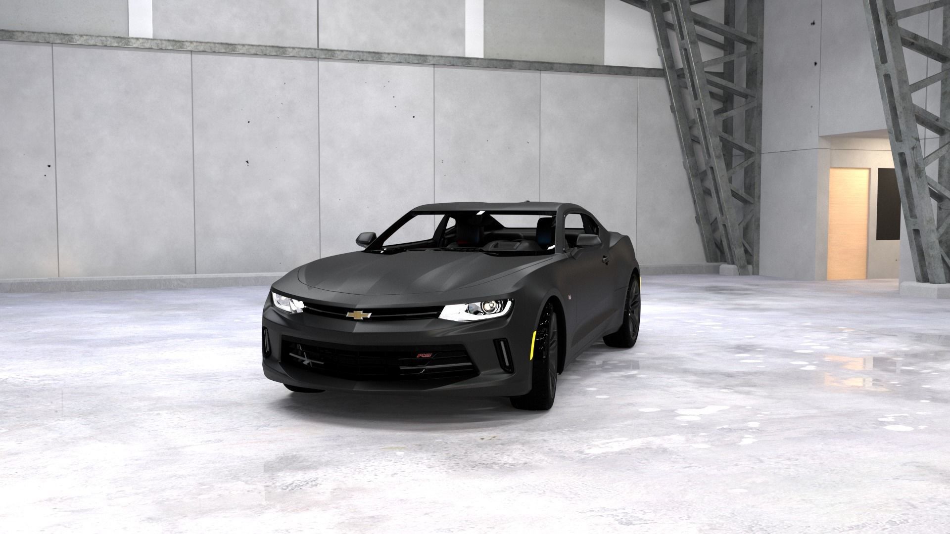 Hangar and Camaro Low-poly 3D model_4