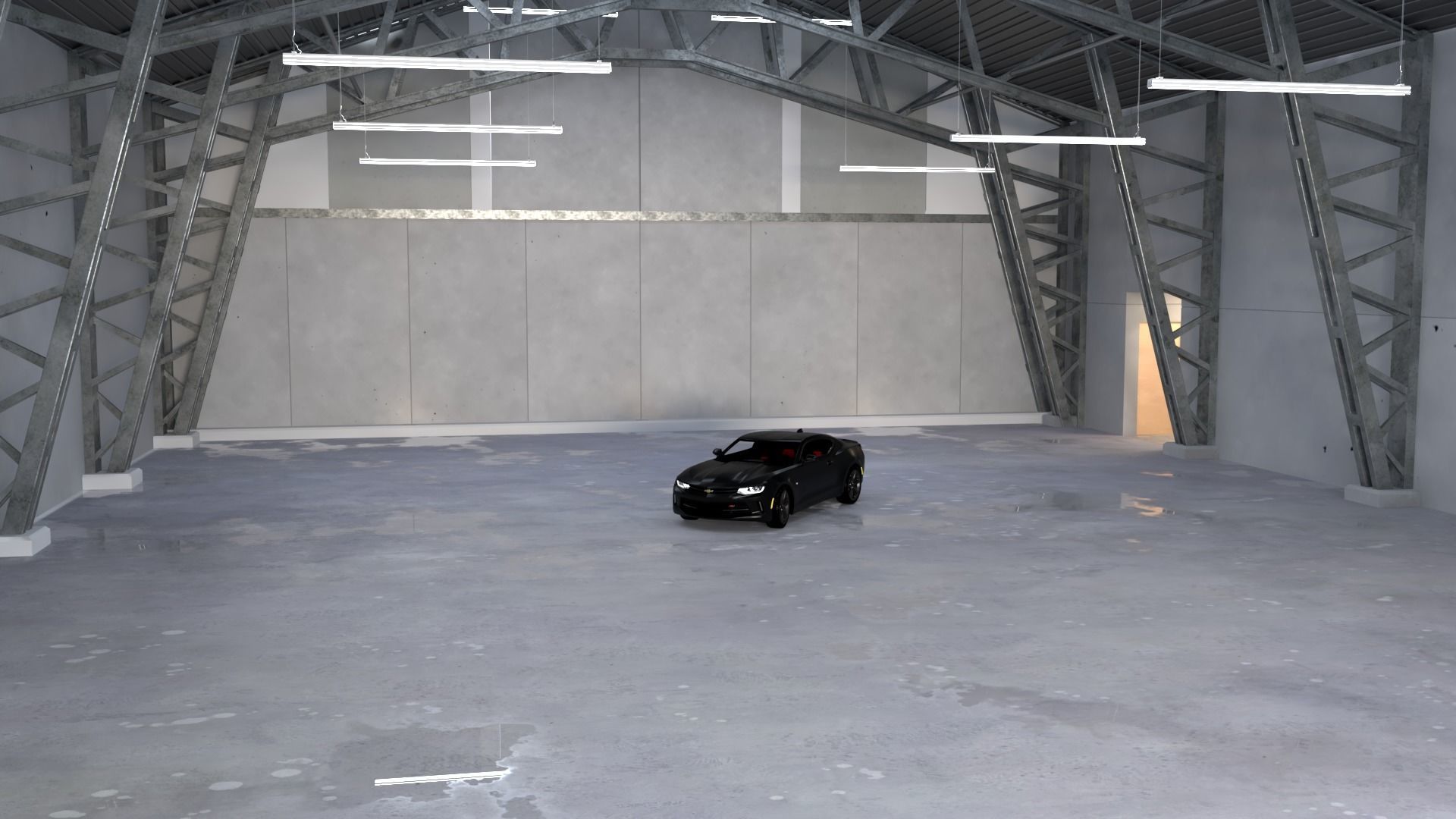 Hangar and Camaro Low-poly 3D model_7