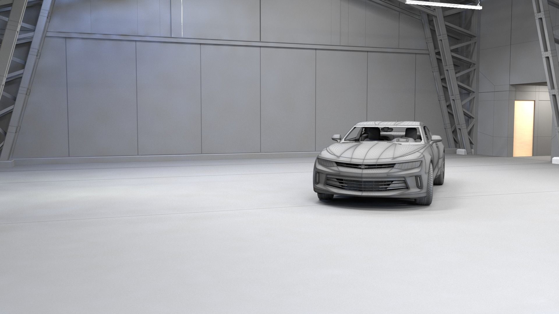 Hangar and Camaro Low-poly 3D model_10