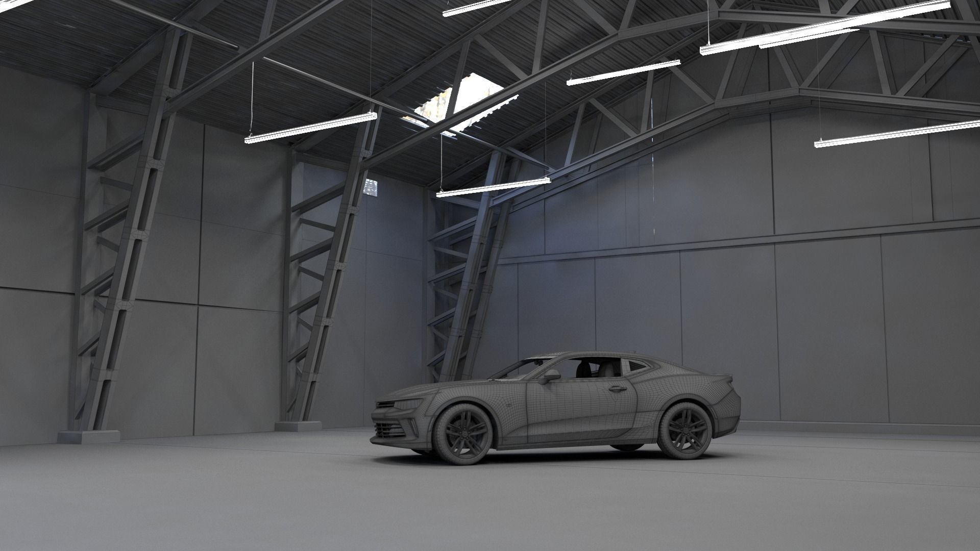 Hangar and Camaro Low-poly 3D model_8