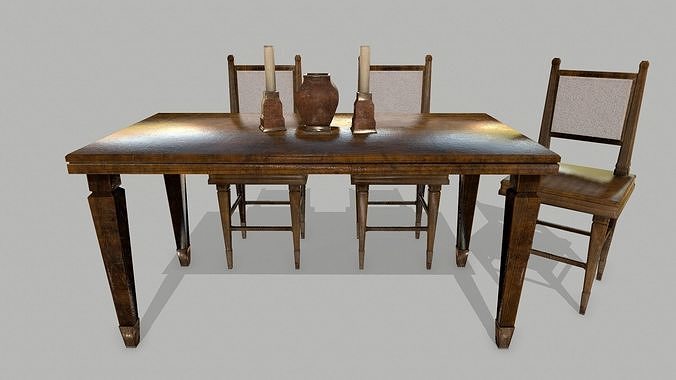 Table Set wooden chair Low-poly 3D model