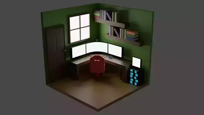 low poly room computer with two monitors and chair